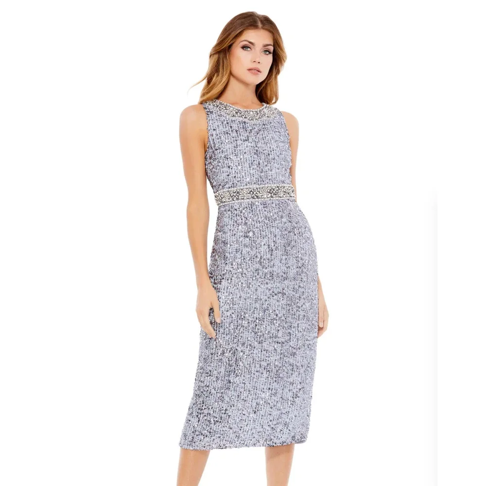 MAC DUGGAL 10739 Steel Gray Blue Embellished Sleeveless High Neck Midi Size 10 - Picture 1 of 10